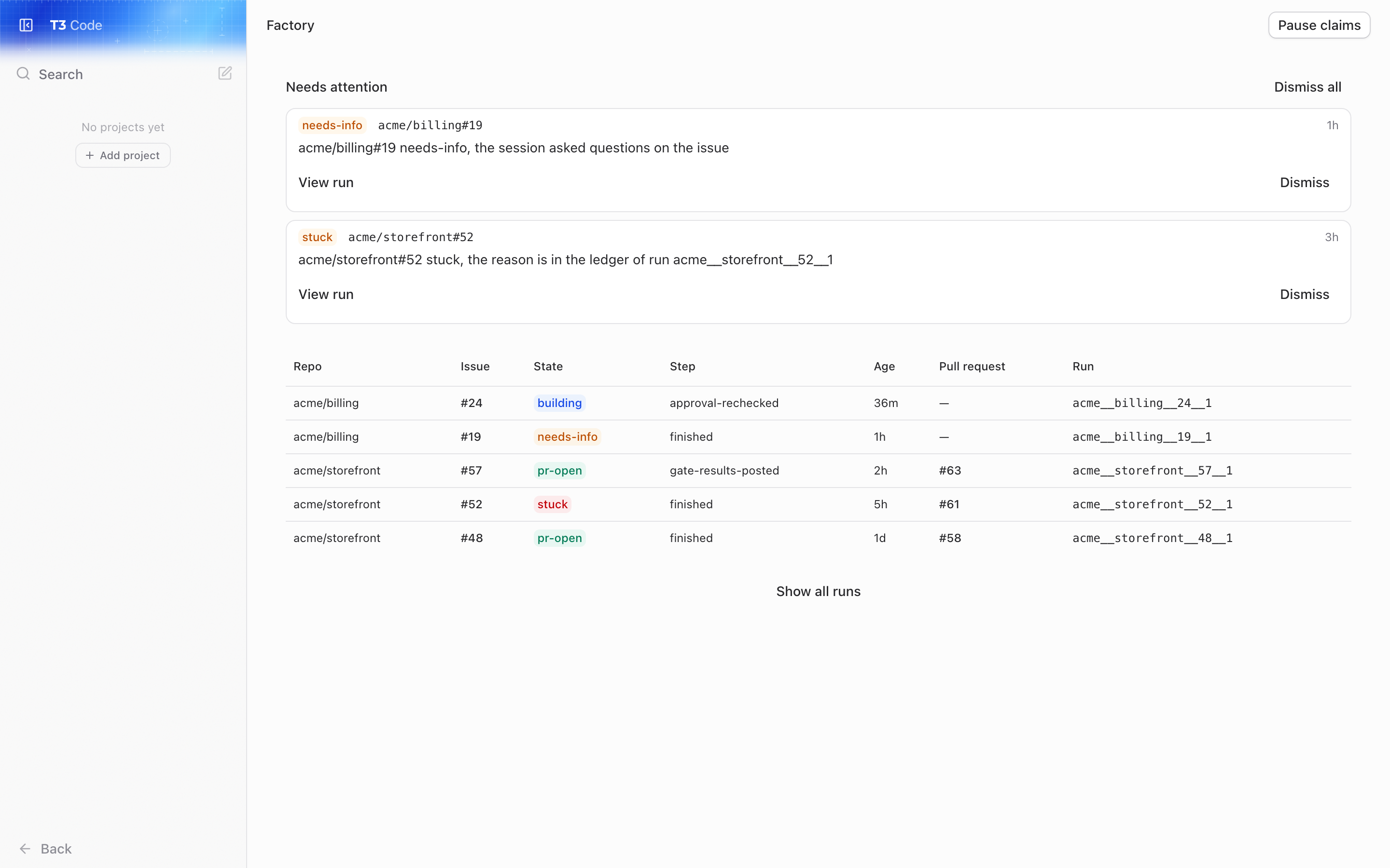 The Factory page: two Needs attention items above the runs table, with one run each building, needs-info, pr-open and stuck, and a finished run, each with its step, age and pull request