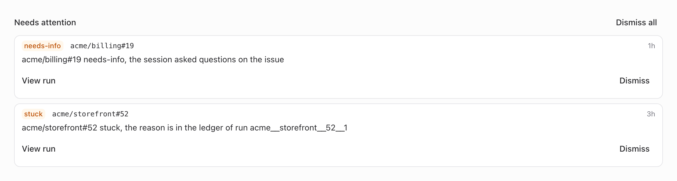 The Needs attention list: a needs-info item and a stuck item, each with View run and Dismiss, and Dismiss all above them