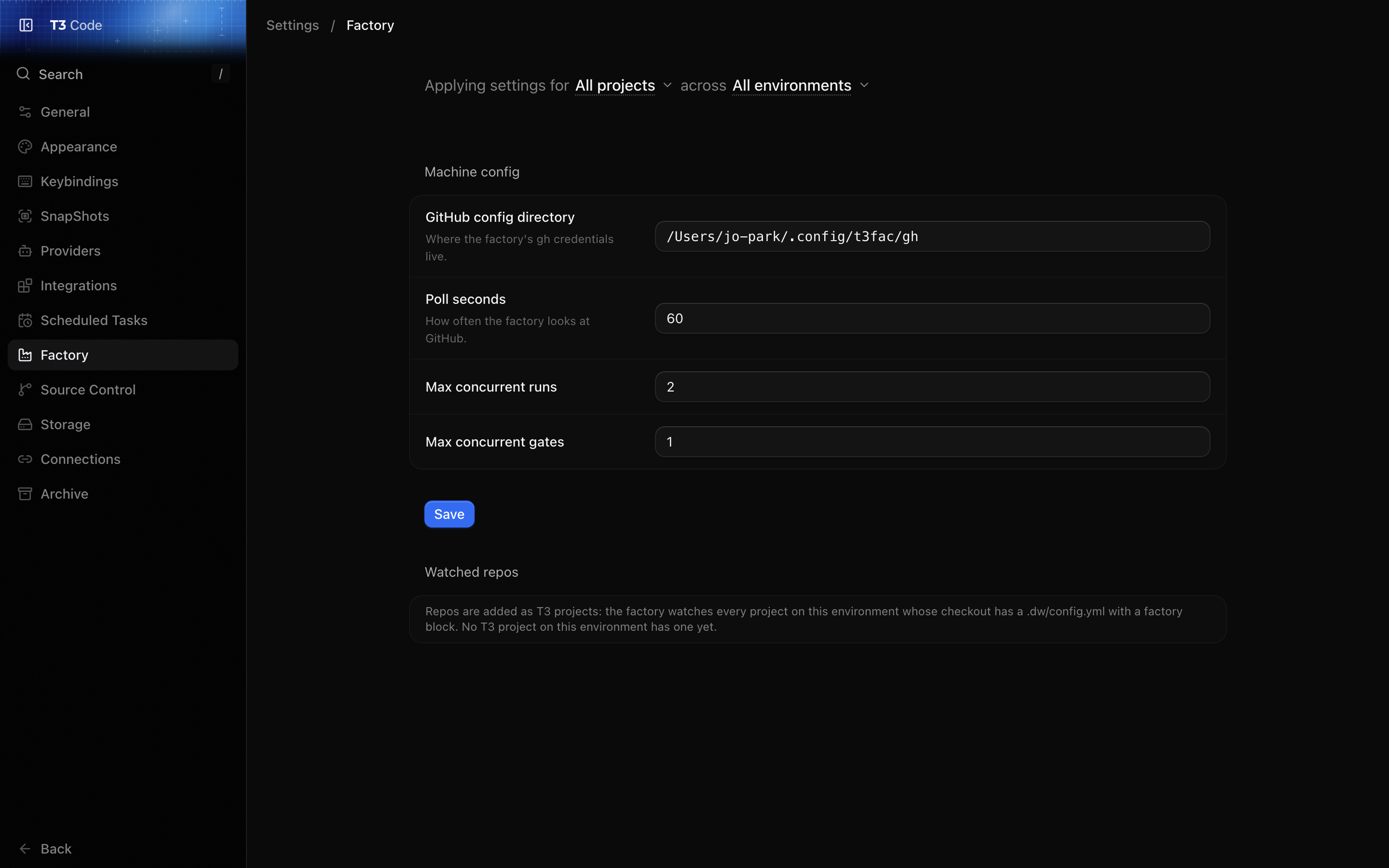 Settings, Factory: the machine config form with the GitHub config directory, poll seconds and the run and gate limits, then Watched repos, empty because no T3 project here has a factory block