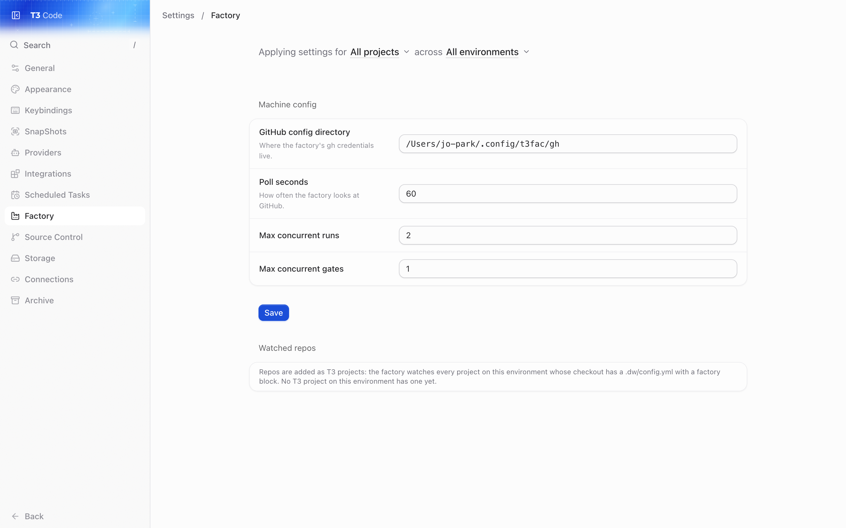 Settings, Factory: the machine config form with the GitHub config directory, poll seconds and the run and gate limits, then Watched repos, empty because no T3 project here has a factory block